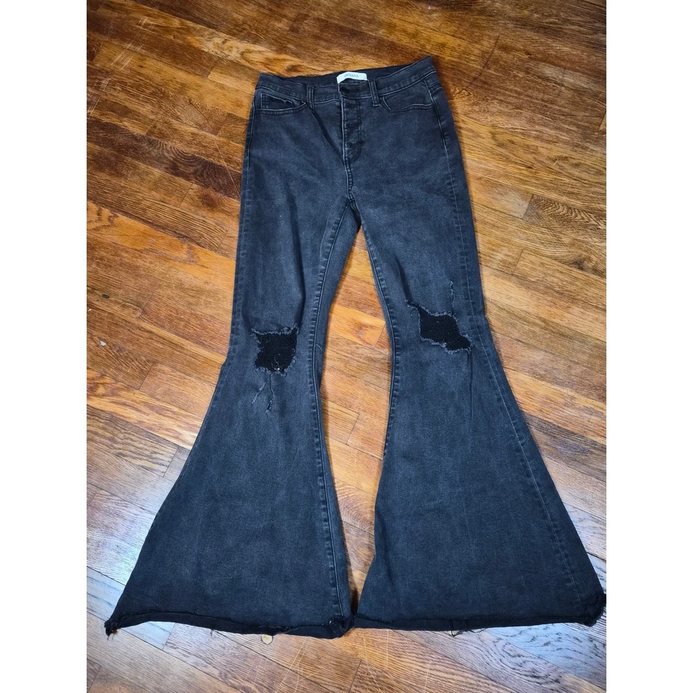 Zenana Black Acid Wash High Rise Distressed Bell Bottom Flare Jeans 29